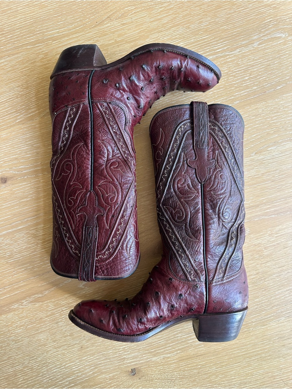 Vintage Lucchese Burgundy Ostrich Leather Western Cowboy Boots